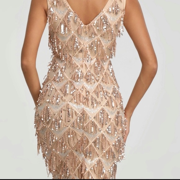 Gold Tassel Sequin Sleeveless Beaded Evening Gown - Picture 6 of 9